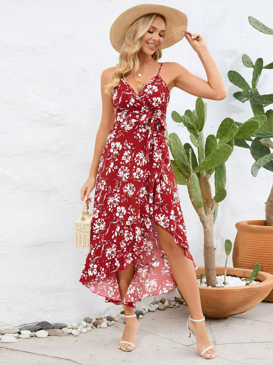 Red  Halter Irregular Floral Beach Maxi Dress