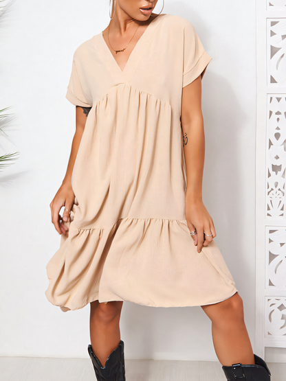 V-neck Solid Color  Beach  Mini Dress