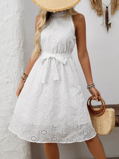 White Embroidered Elegant  Midi Dress