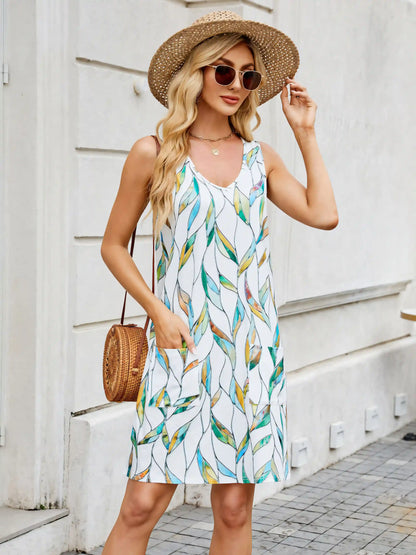 White Printed Halter Loose Casual Sleeveless Midi Dress