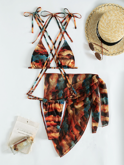 Printed Strappy Bikini Trio Set
