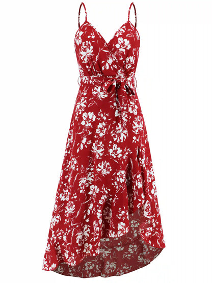 Red  Halter Irregular Floral Beach Maxi Dress