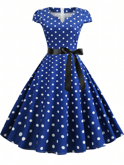 Hepburn Style Big Swing Polka Dot Ribbon Midi Dress