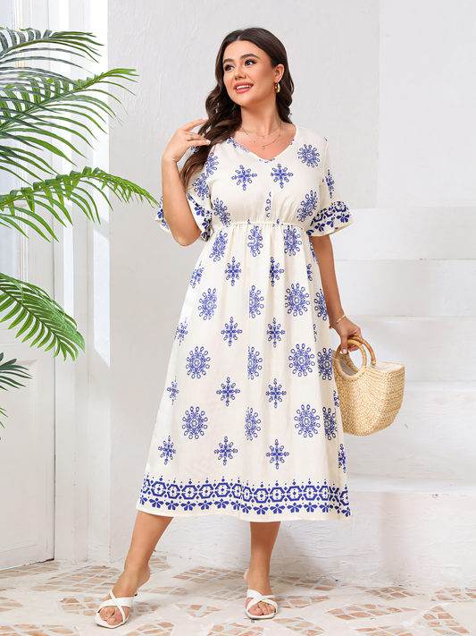 Blue White  Flared Sleeve V-neck Print Midi Dress