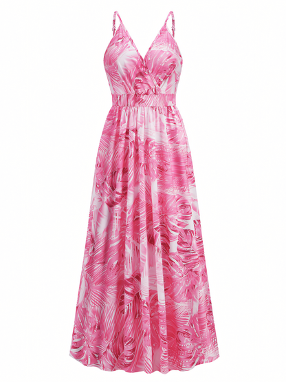 Pink Printed Bohemia V-Neck Halter Maxi Dress