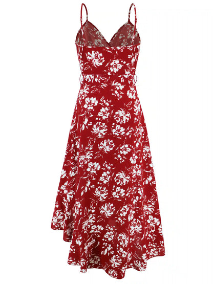 Red  Halter Irregular Floral Beach Maxi Dress