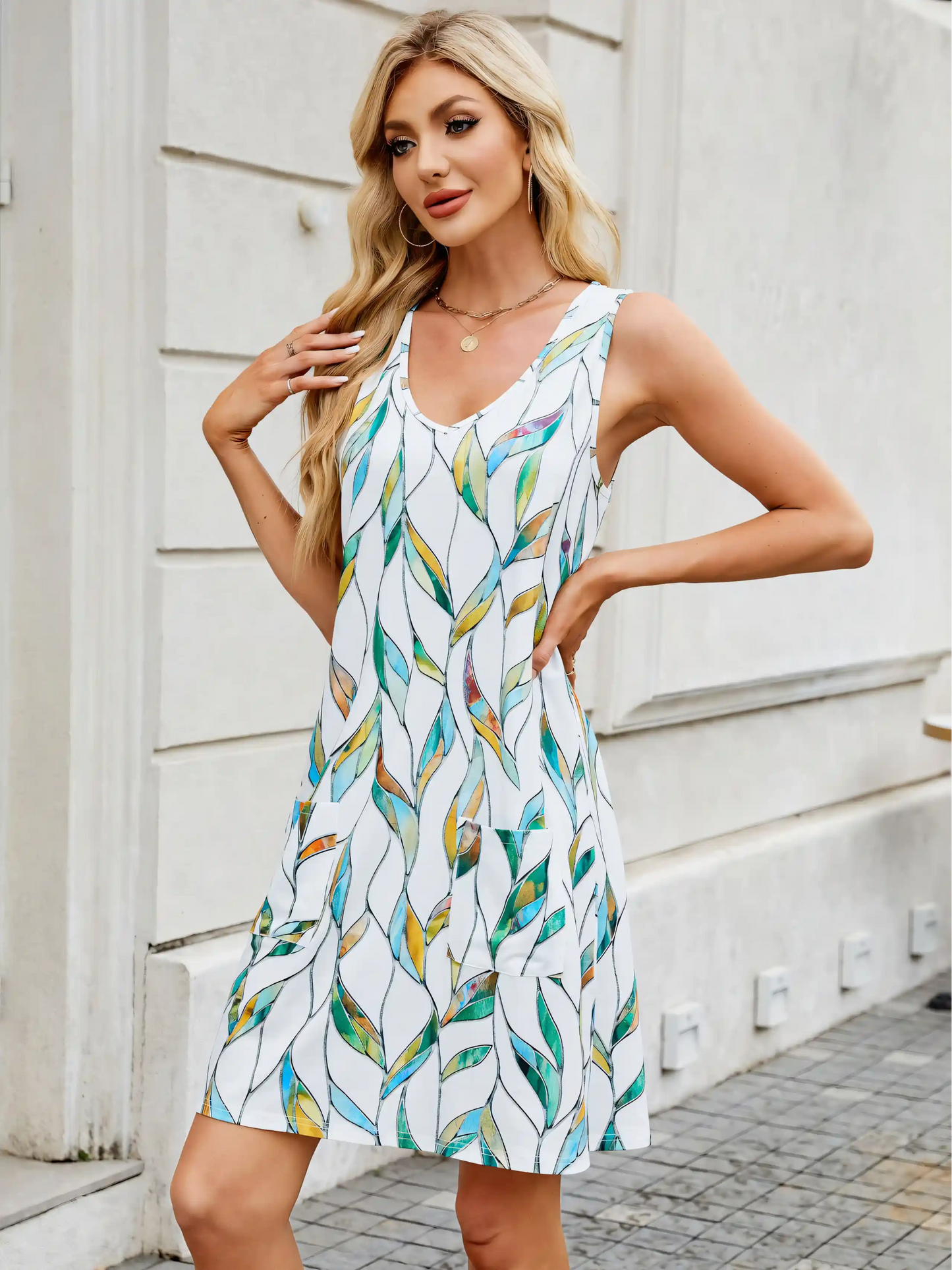 White Printed Halter Loose Casual Sleeveless Midi Dress