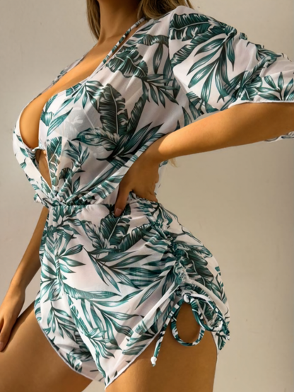 Leaf Printed Bikini Trio Set