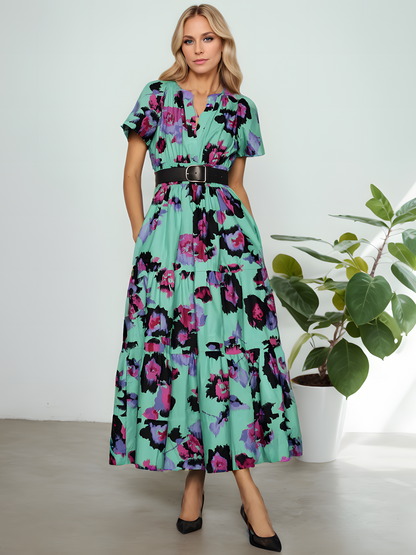 Bohemian Elasticated Waist V-neck Vintage Maxi Dress