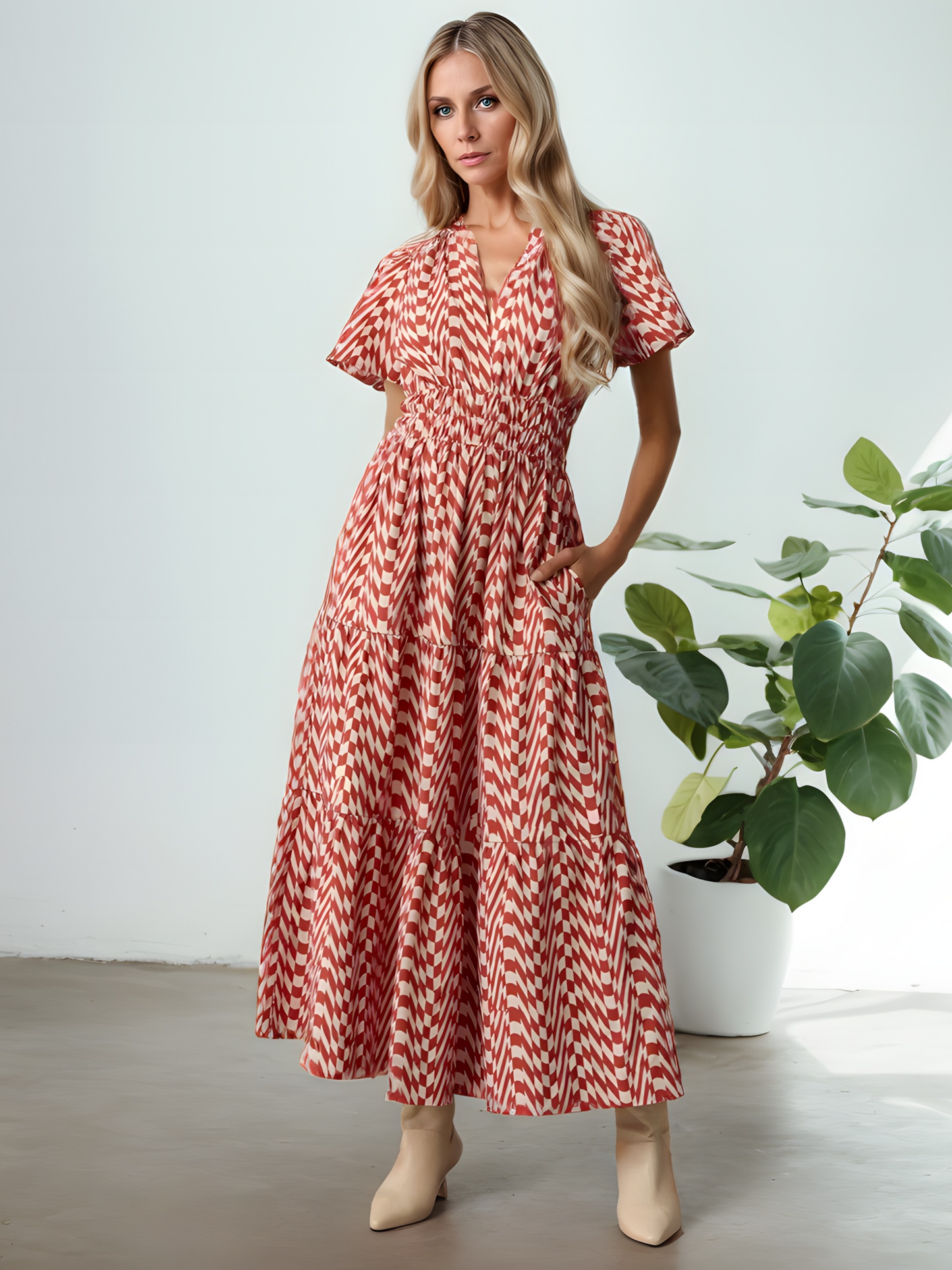Bohemian Elasticated Waist V-neck Vintage Maxi Dress