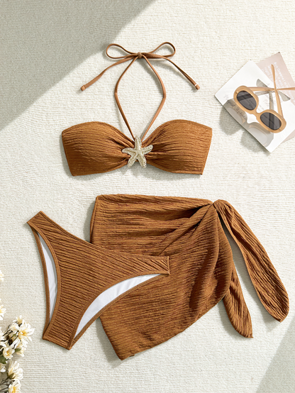 Solid Color Split Bikini Three Piece Set