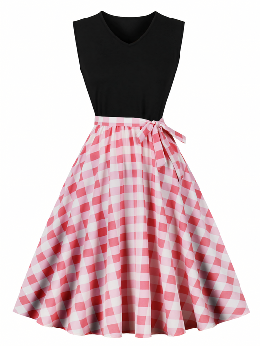 Pink  Lattice Print Patchwork Black V-neck Midi Dress