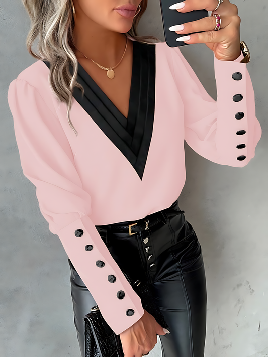 V-neck Solid Button-down Long-sleeved Shirt