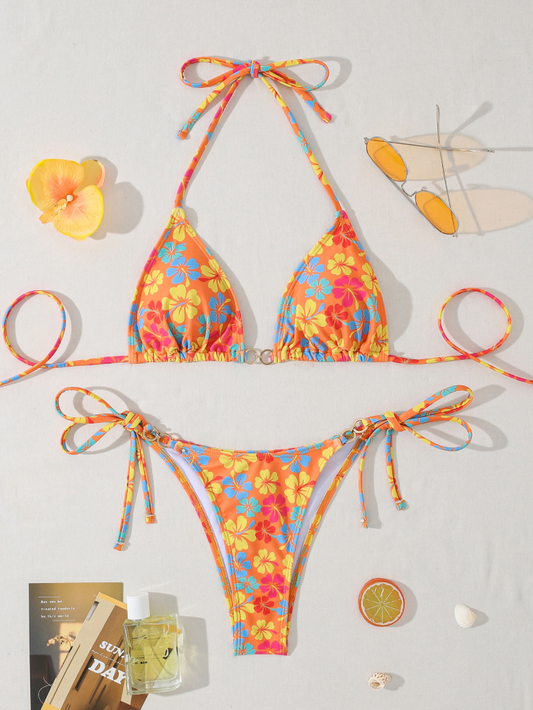 Orange Printed Tie-Side Bikini