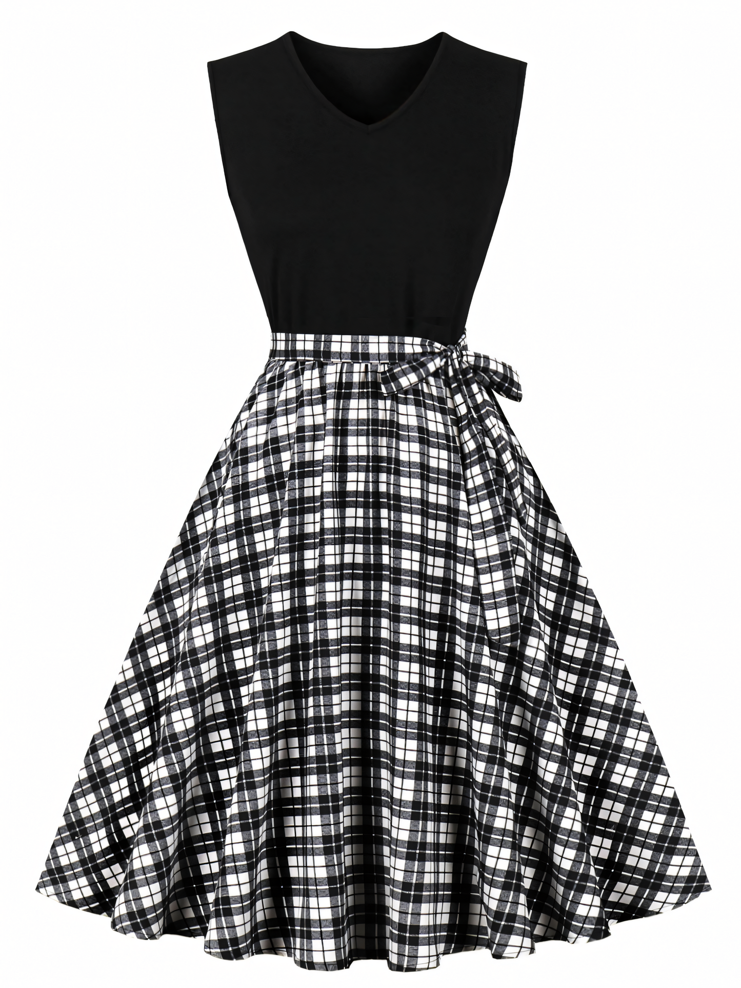 Black White  Lattice Print Patchwork Black Midi Dress
