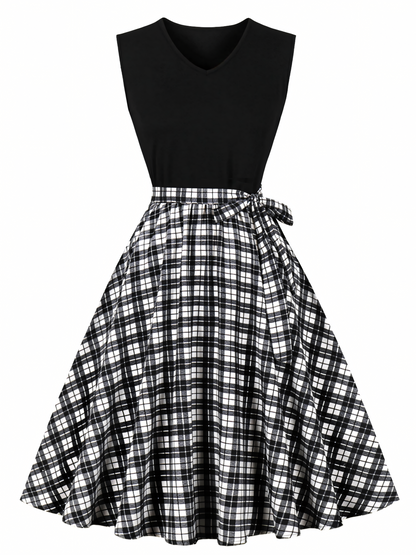 Black White  Lattice Print Patchwork Black Midi Dress