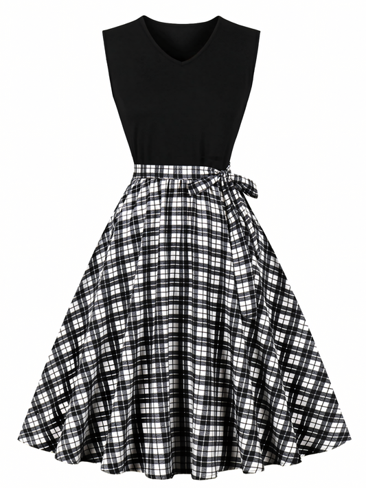 Black White  Lattice Print Patchwork Black Midi Dress