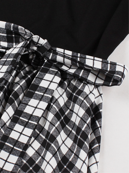 Black White  Lattice Print Patchwork Black Midi Dress