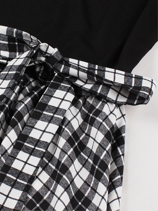 Black White  Lattice Print Patchwork Black Midi Dress