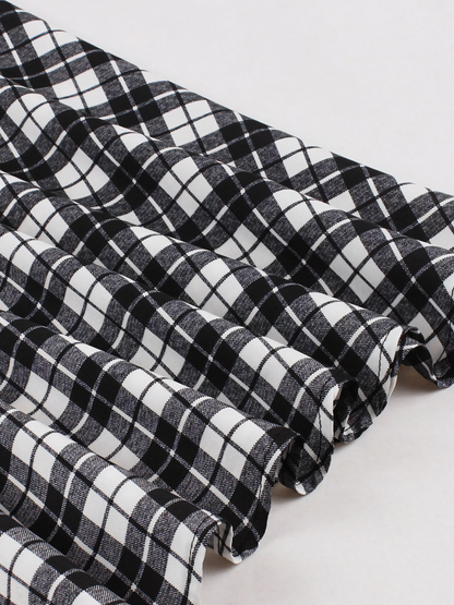 Black White  Lattice Print Patchwork Black Midi Dress
