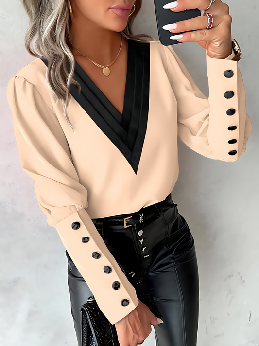 V-neck Solid Button-down Long-sleeved Shirt