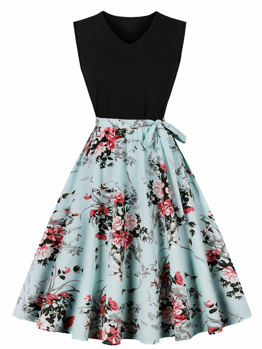 Blue Floral Print Patchwork Black V-neck Midi Dress