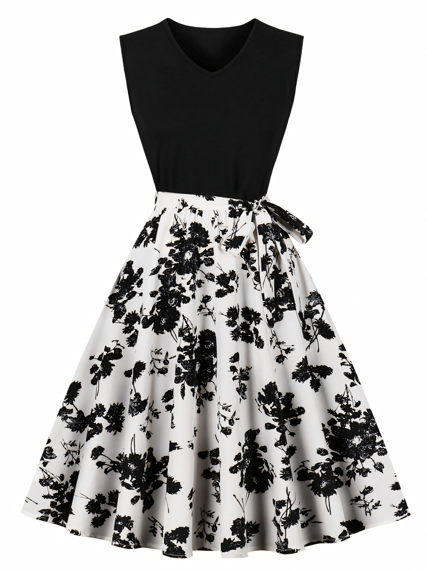 Black Floral Print Patchwork Black V-neck Midi Dress
