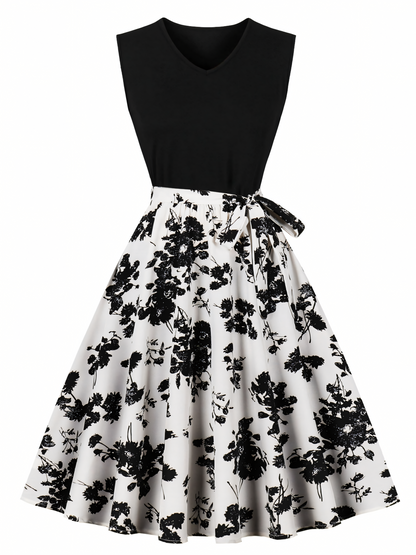 Black Floral Print Patchwork Black V-neck Midi Dress