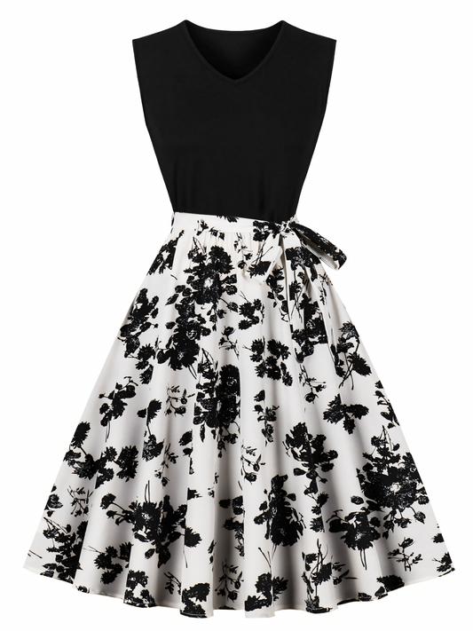 Black Floral Print Patchwork Black V-neck Midi Dress