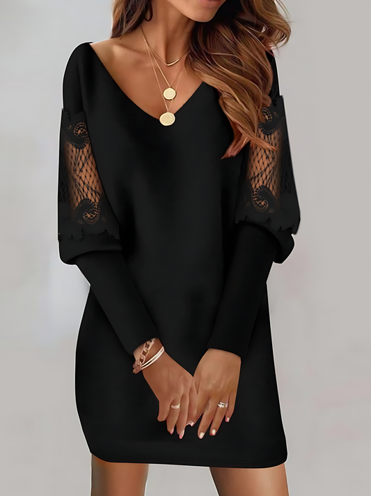V-neck Lace Patchwork Long-Sleeved Mini Dress