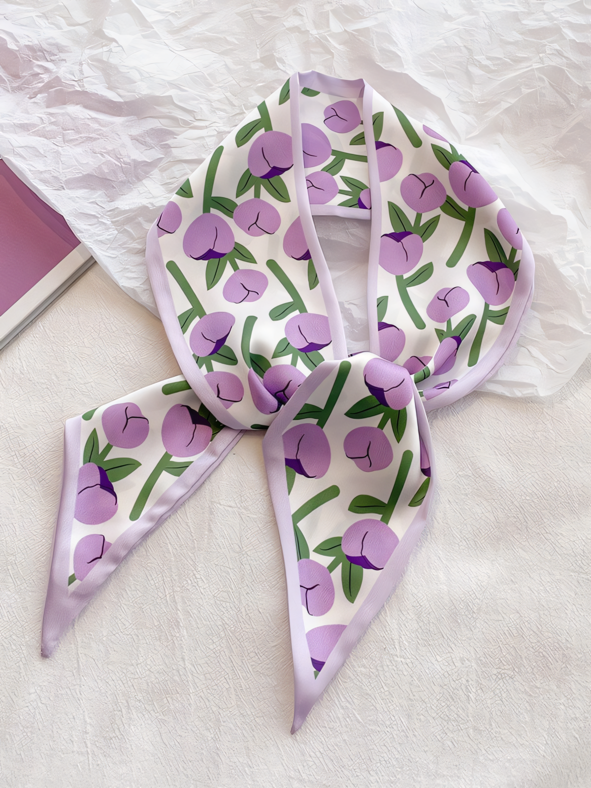 Purple Floral Print Silk Scarf