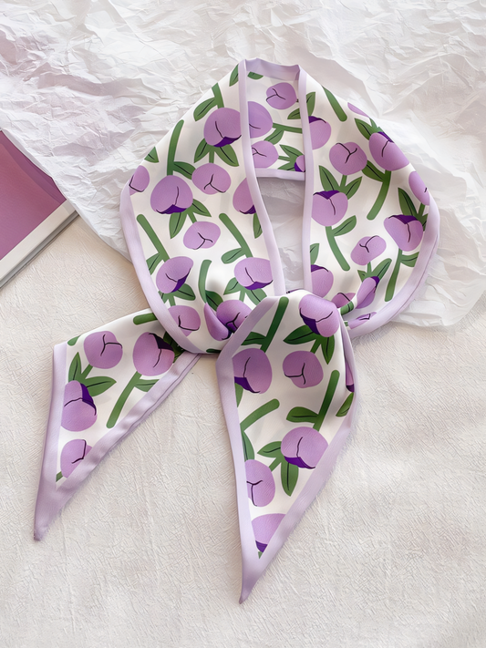 Purple Floral Print Silk Scarf