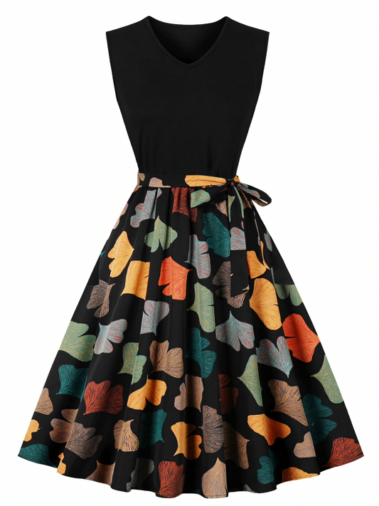 Ginkgo Biloba Print Patchwork Black V-neck Midi Dress