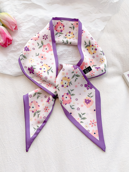 Purple Floral Print Silk Scarf