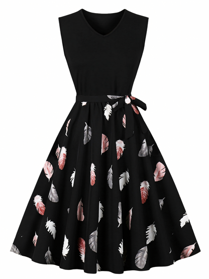 Feathers Print Patchwork Black V-neck Midi Dress