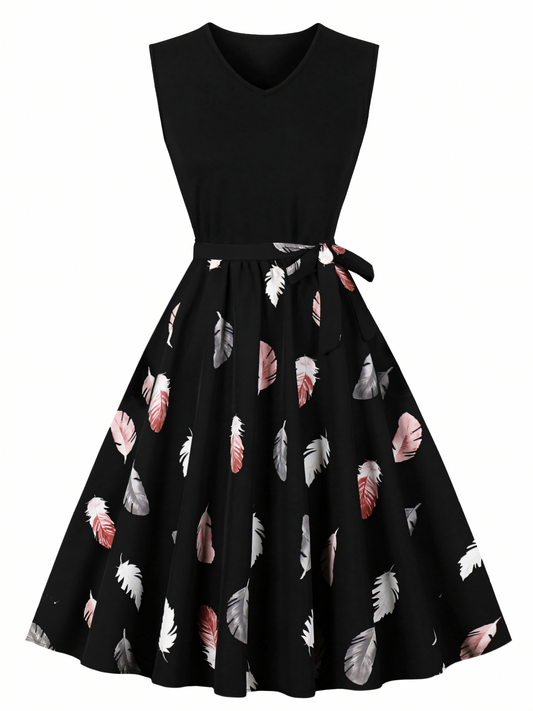 Feathers Print Patchwork Black V-neck Midi Dress