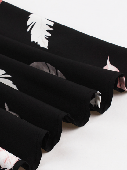 Feathers Print Patchwork Black V-neck Midi Dress