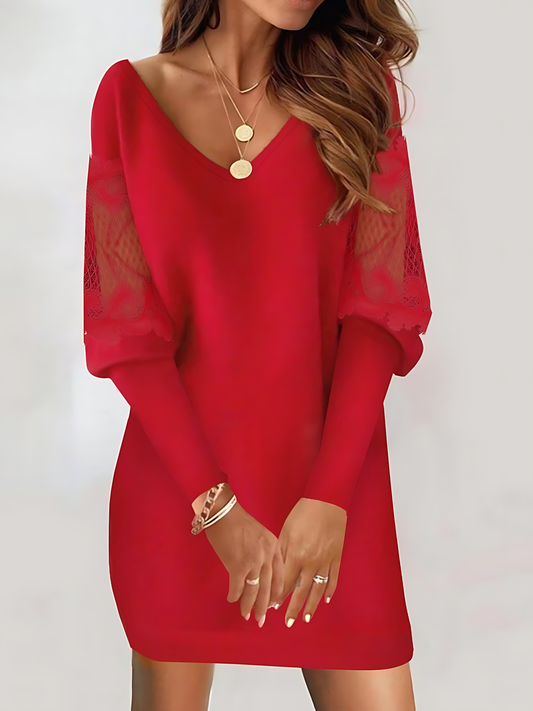 V-neck Lace Patchwork Long-Sleeved Mini Dress