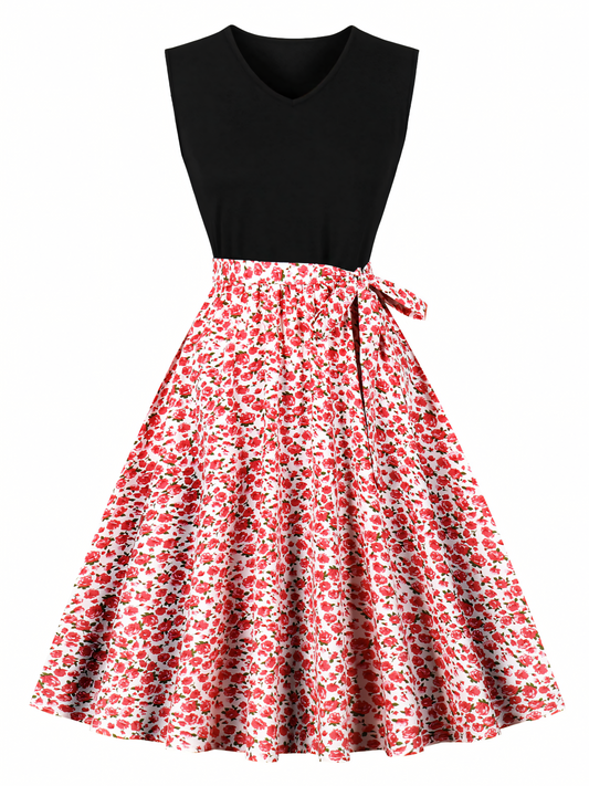 Floral Print Patchwork Black V-neck Midi Dress