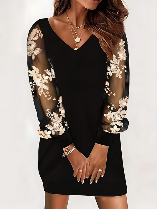 V-neck Lace Patchwork Long-Sleeved Mini Dress