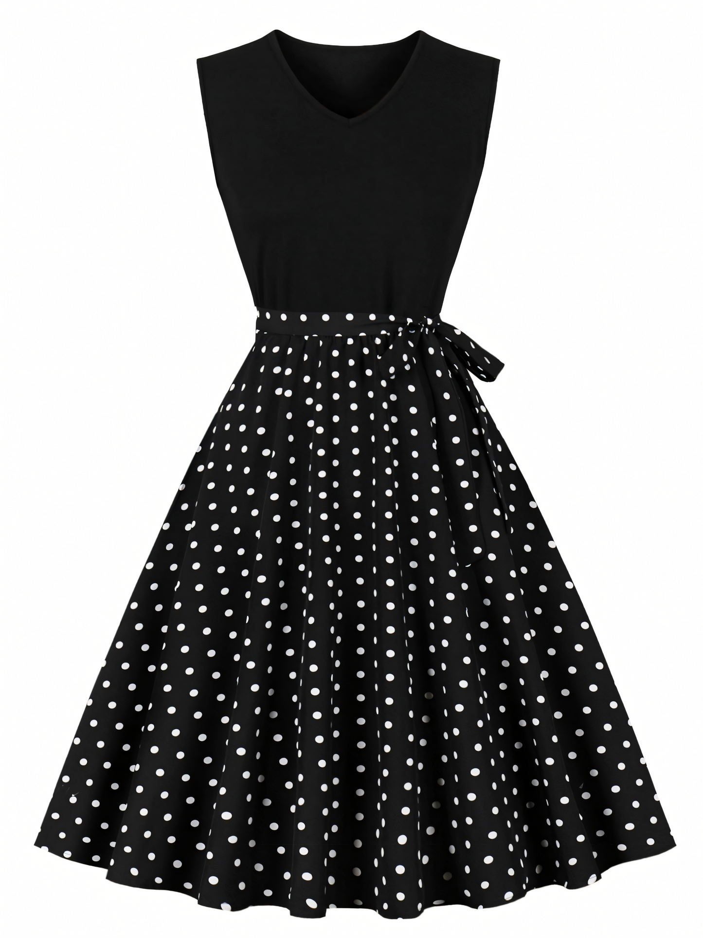 Polka Dots Print Patchwork V-neck Midi Dress