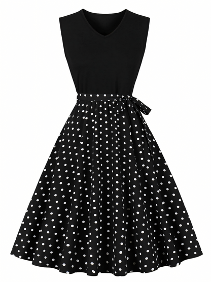 Polka Dots Print Patchwork V-neck Midi Dress