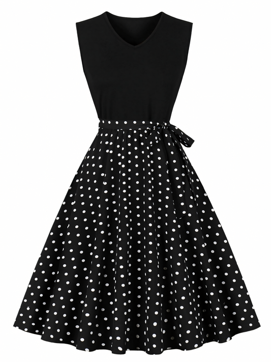 Polka Dots Print Patchwork V-neck Midi Dress
