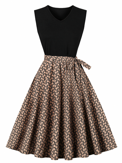Khaki Print Patchwork Black V-neck Midi Dress