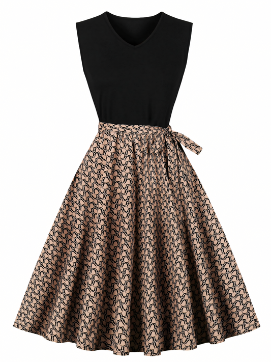 Khaki Print Patchwork Black V-neck Midi Dress