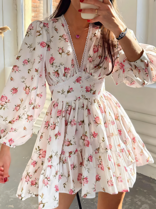 Floral High Waist V-Neck Mini Dress