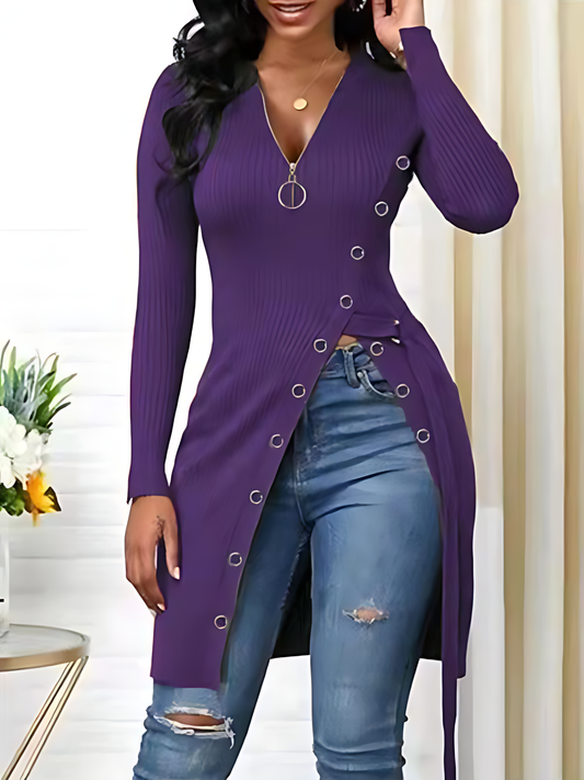 V-neck High Slit Zipper Long-sleeved Top