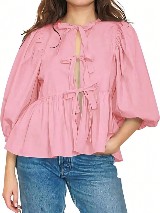 Sweet Casual Lace-Up Solid Color Shirt