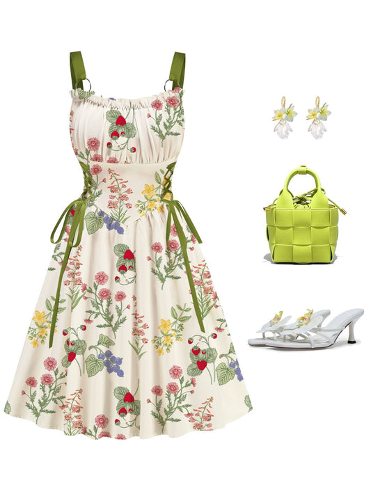 White Floral Printed Green Drawstrings Elegant  Midi Dress