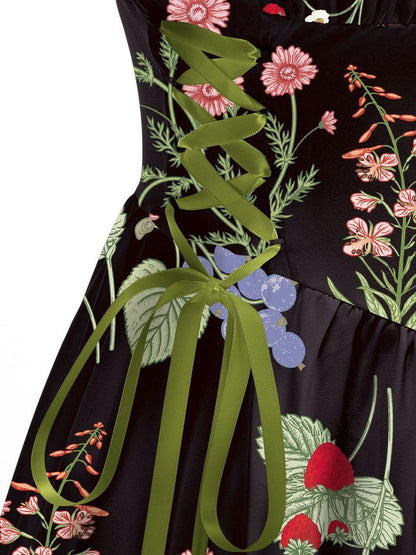 Black Floral Printed Green Drawstrings Elegant  Midi Dress